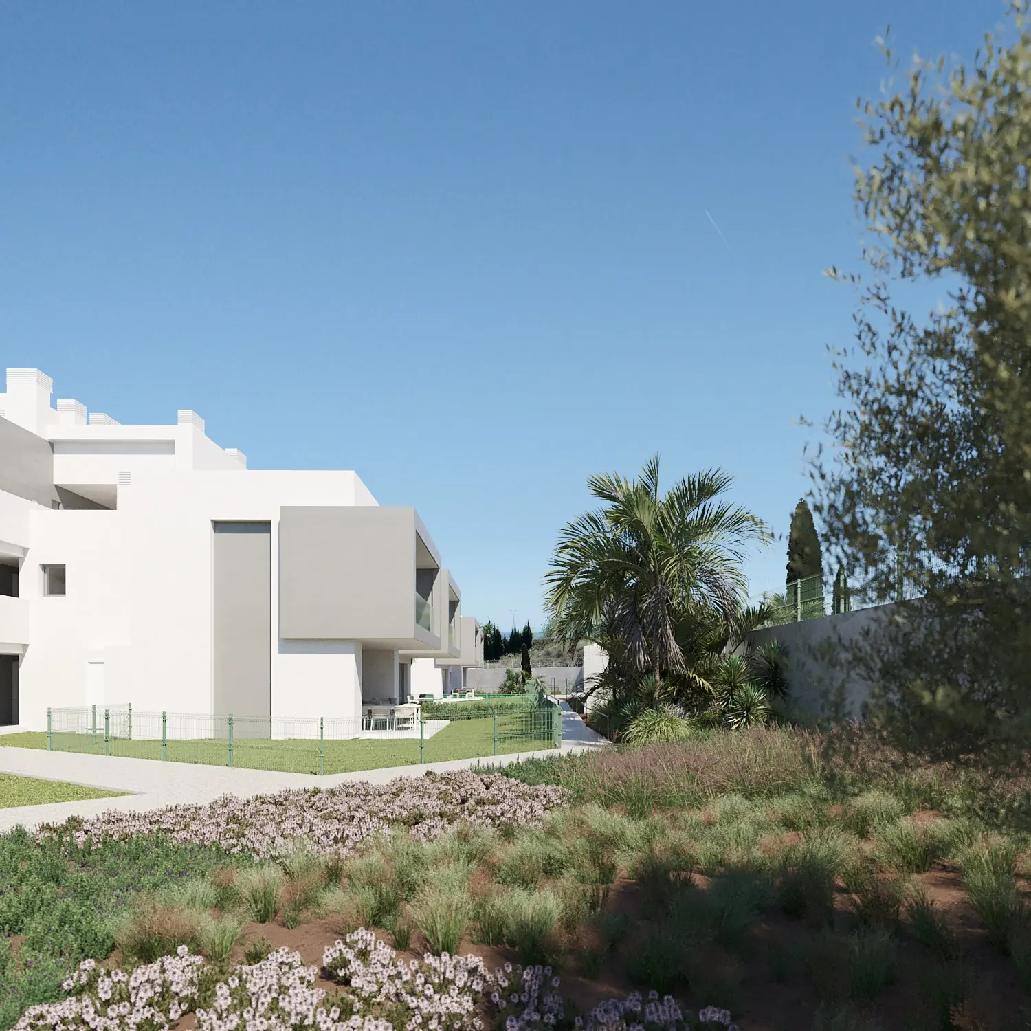 Infografía 3D de jardines comunitarios y bloques escalonados de Vanian Garden, promoción residencial en Estepona (Málaga) (González & Jacobson Arquitectura)