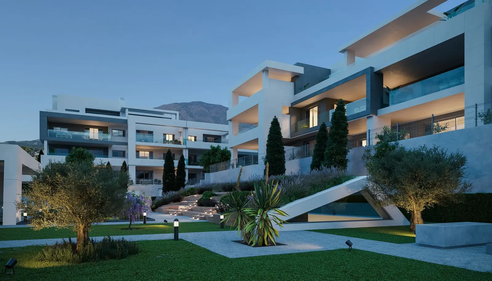 Infografía 3D de vista nocturna de los jardines de Vanian Garden, promoción residencial en Estepona (Málaga) (González & Jacobson Arquitectura)