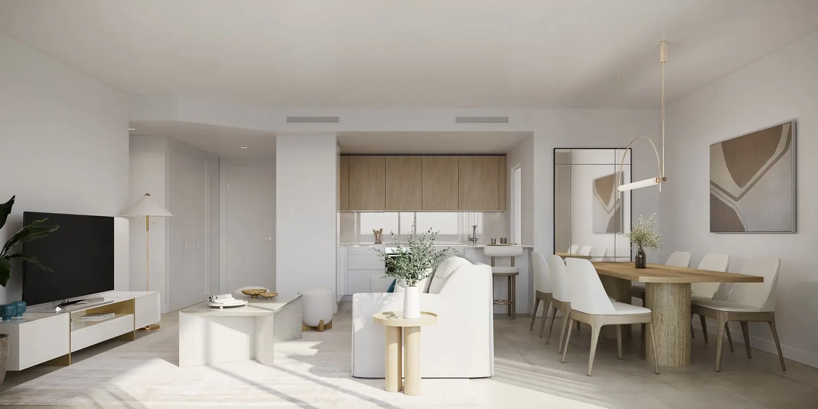Infografía 3D de salón, comedor y cocina de Vanian Garden, promoción residencial en Estepona (Málaga) (González & Jacobson Arquitectura)
