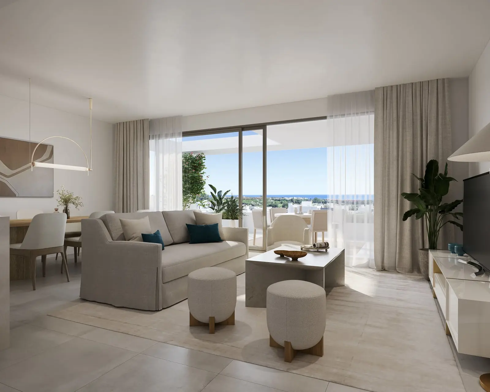 Infografía 3D de salón de Vanian Garden, promoción residencial en Estepona (Málaga) (González & Jacobson Arquitectura)