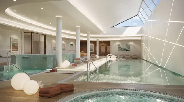 Infografía 3D de spa con piscina y jacuzzi de Vanian Garden, promoción residencial en Estepona (Málaga) (González & Jacobson Arquitectura)