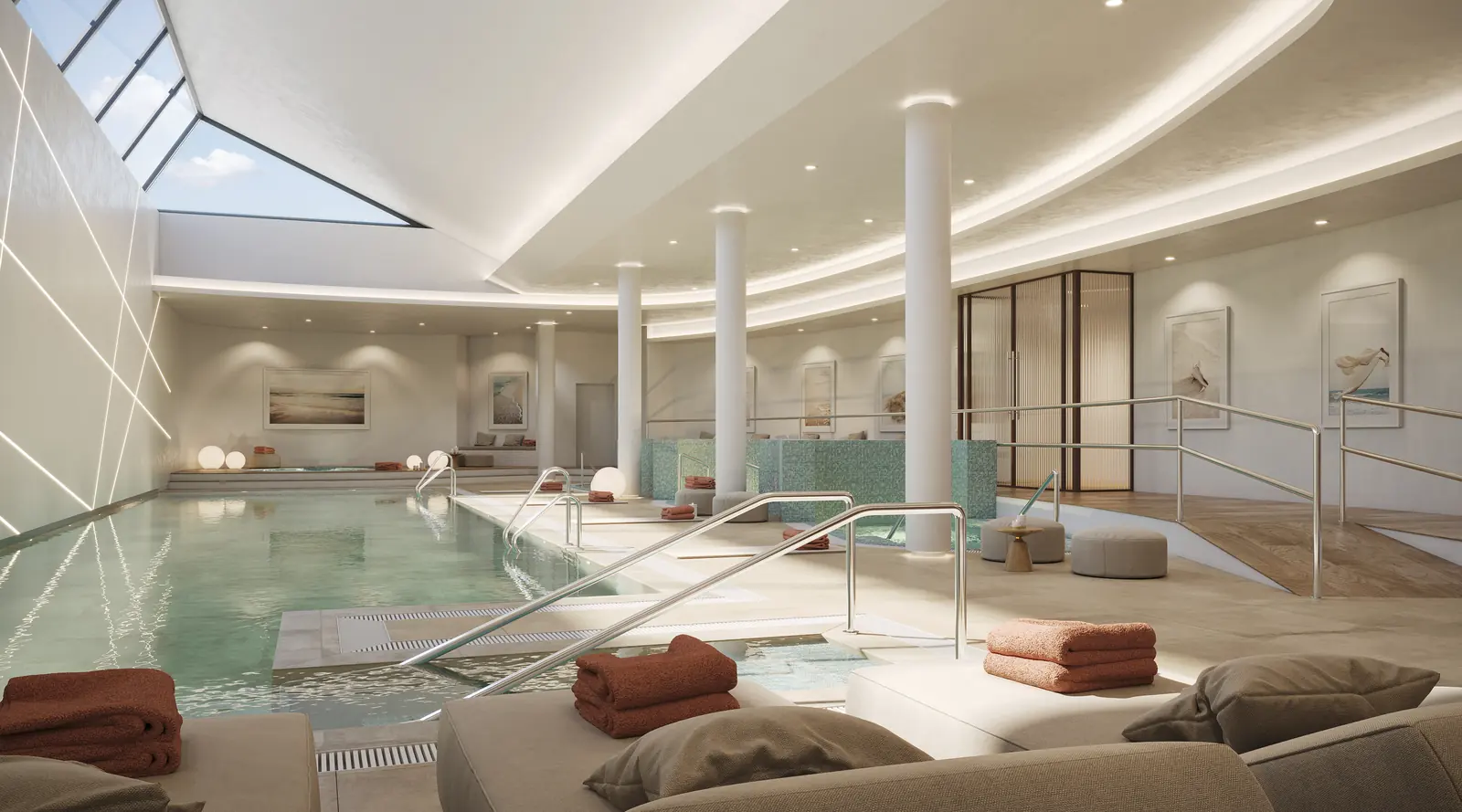 Infografía 3D de spa interior con piscina de Vanian Garden, promoción residencial en Estepona (Málaga) (González & Jacobson Arquitectura)