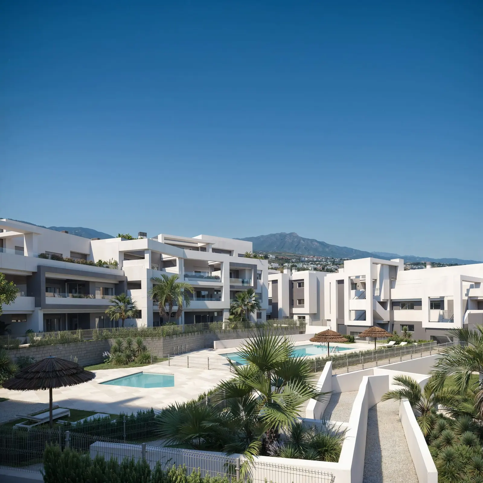 Infografía 3D de vista entre bloques con la piscina de Vanian Garden, promoción residencial en Estepona (Málaga) (González & Jacobson Arquitectura)