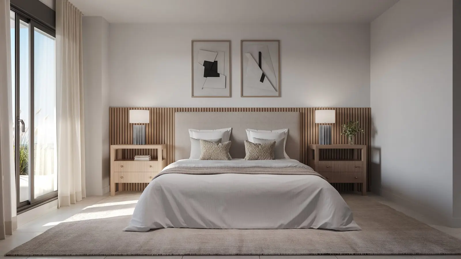 Infografía 3D de dormitorio principal de Vanian Park, promoción residencial en Estepona, Málaga (HCP Arquitectos)