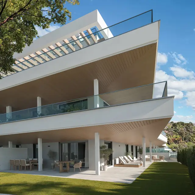 Infografía 3D de jardín privado de una vivienda en planta baja de Vanian Park, promoción residencial en Estepona, Málaga (HCP Arquitectos)