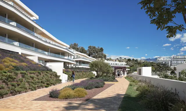 Infografía 3D de paseo por los jardines comunitarios de Vanian Park, promoción residencial en Estepona, Málaga (HCP Arquitectos)