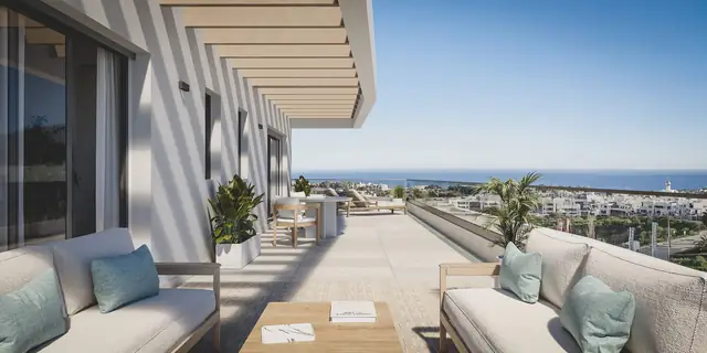 Infografía 3D de terraza del ático con vistas al mar de Vanian Park, promoción residencial en Estepona, Málaga (HCP Arquitectos)