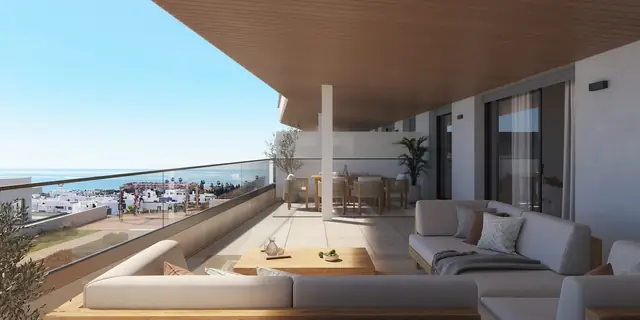 Infografía 3D de terraza de planta primera con vistas al mar de Vanian Park, promoción residencial en Estepona, Málaga (HCP Arquitectos)