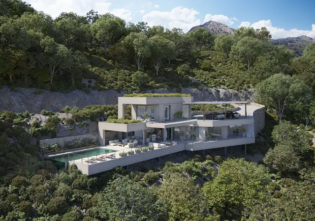 Infografía 3D de vista aérea de la villa en la ladera de Villa en Benahavís, vivienda unifamiliar en Benahavís (Málaga) (Domingo Cárdenas)