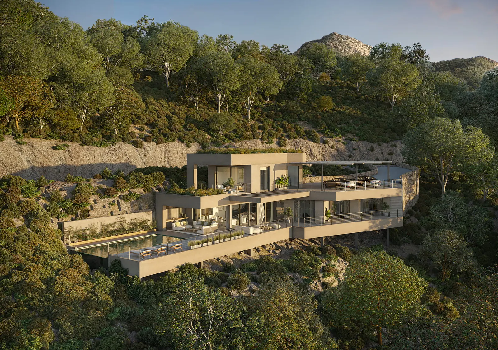 Infografía 3D de vista aérea con la vegetación de Villa en Benahavís, vivienda unifamiliar en Benahavís (Málaga) (Domingo Cárdenas)