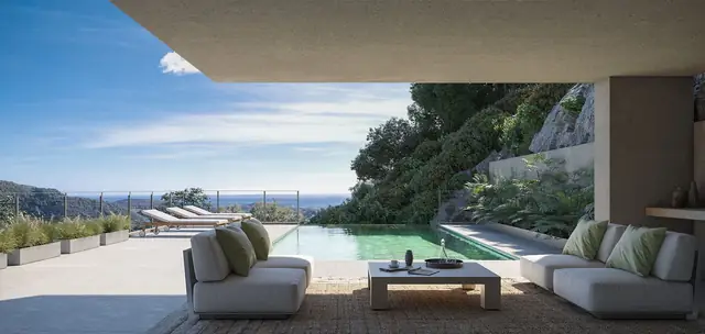 Infografía 3D de terraza con piscina desbordante de Villa en Benahavís, vivienda unifamiliar en Benahavís (Málaga) (Domingo Cárdenas)