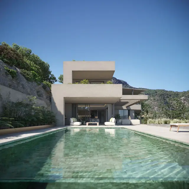 Infografía 3D de piscina y fachada de Villa en Benahavís, vivienda unifamiliar en Benahavís (Málaga) (Domingo Cárdenas)
