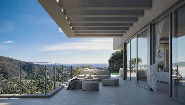 Infografía 3D de terraza cubierta con vistas de Villa en Benahavís, vivienda unifamiliar en Benahavís (Málaga) (Domingo Cárdenas)
