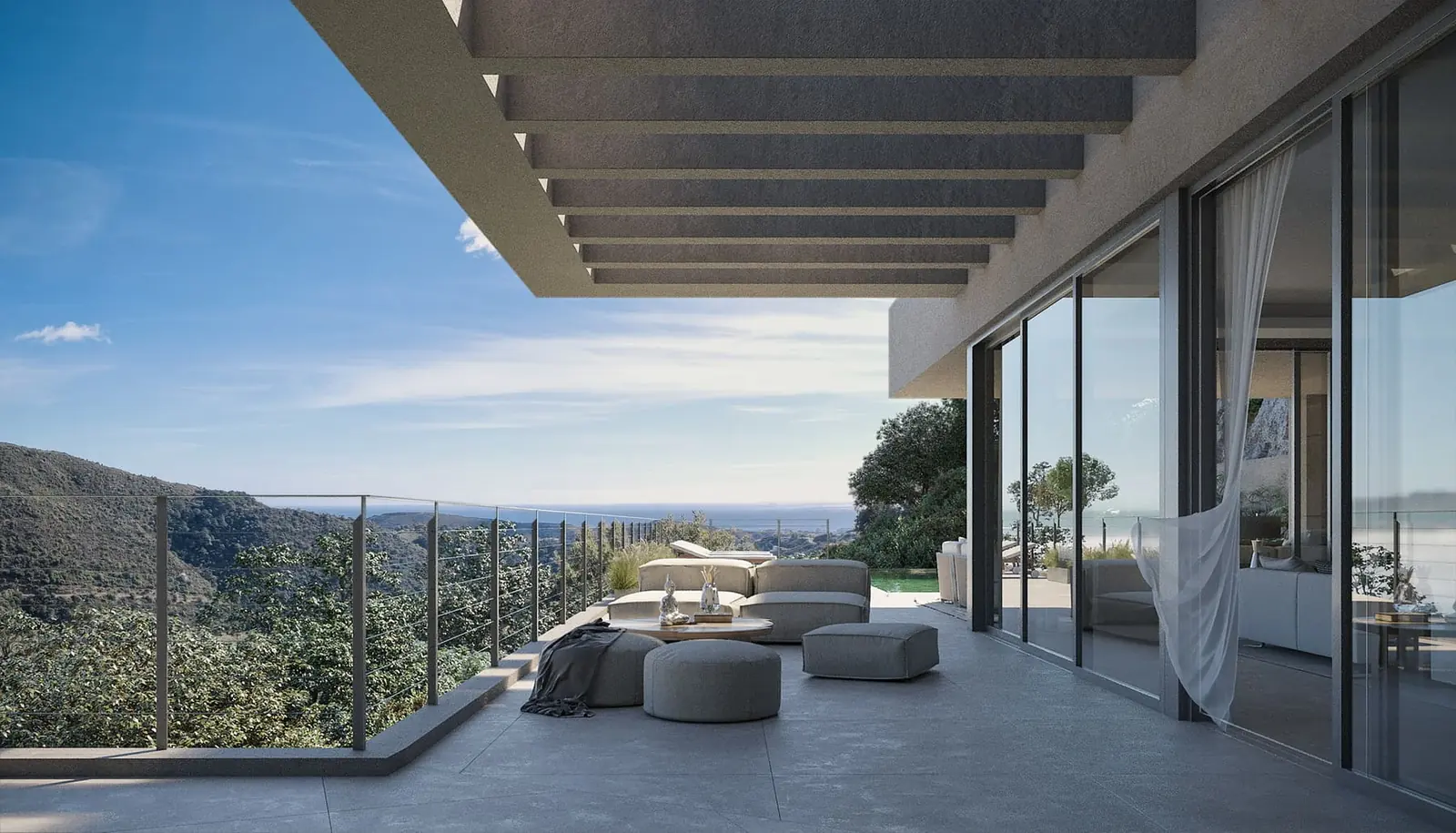 Infografía 3D de terraza cubierta con vistas de Villa en Benahavís, vivienda unifamiliar en Benahavís (Málaga) (Domingo Cárdenas)