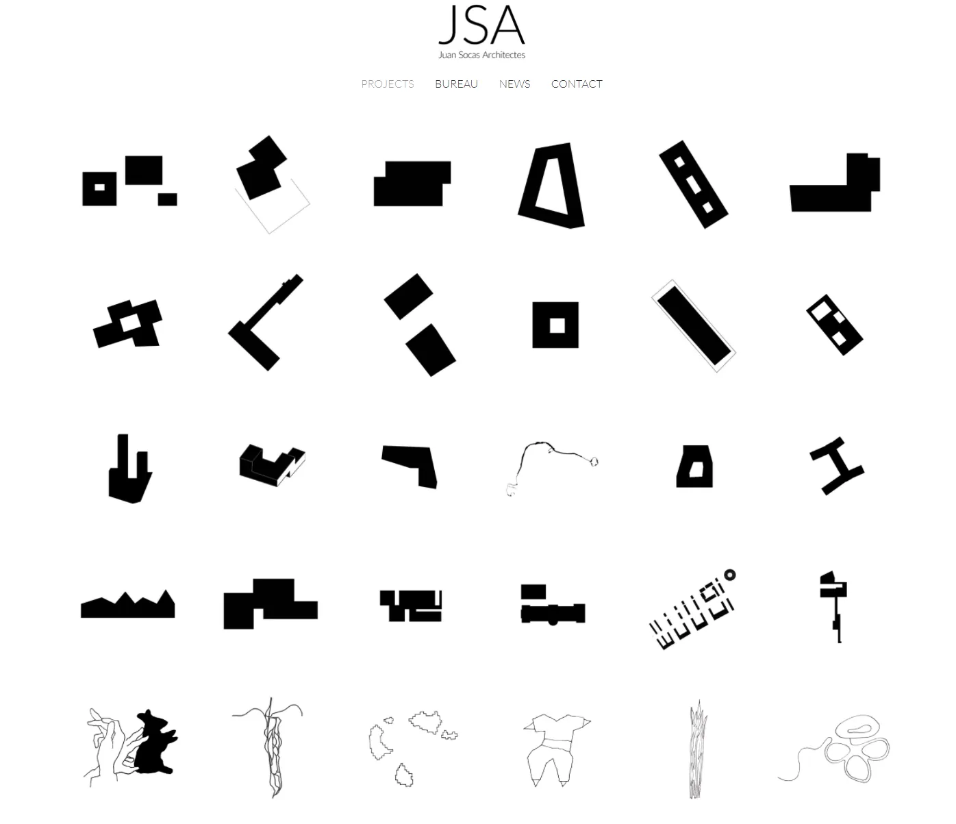Diseño web a medida en WordPress para Juan Socas Architectes realizado por Nacho Villegas: índice de proyectos con las plantas de cada edificio en silueta